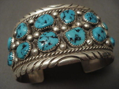 ONE OF THE BEST VINTAGE NAVAJO TOM MOORE TURQUOISE SILVER BRACELET OLD