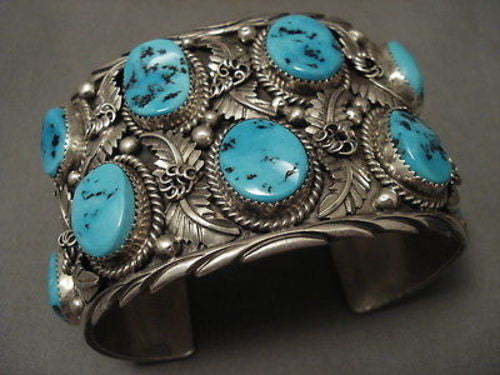 MUSEUM VINTAGE NAVAJO ""SILVER FOREST"" LEAF TURQUOISE BRACELET OLD
