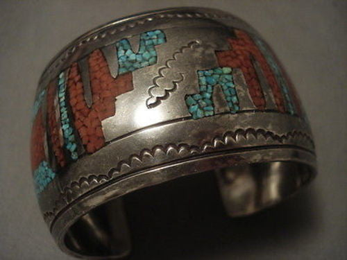 ONE OF THE HEAVIEST OLDER GEOMETRIC INLAY NAVAJO SILVER BRACELET OLD