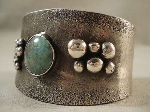 MUSEUM VINTAGE NAVAJO ""SEA OF RAIN"" GREEN TURQUOISE SILVER TUFA BRACELET