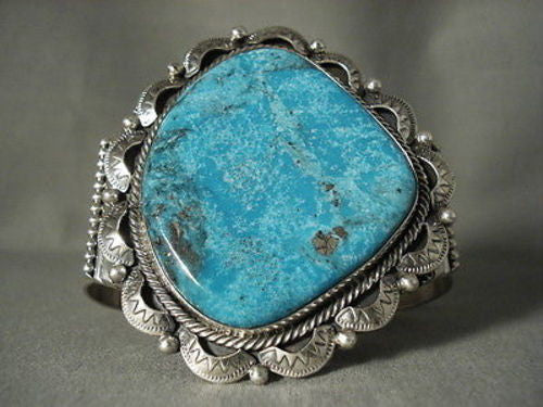 MASSIVE MASSIVE VINTAGE NAVAJO ""DEEP SEA BLUE TURQUOISE"" SILVER BRACELET