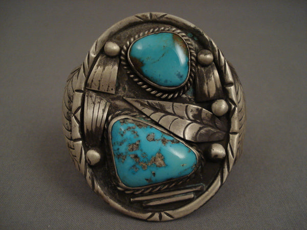 Huge And Heavy Old Navajo Natural Turquoise Silver Bracelet Vintage Vtg
