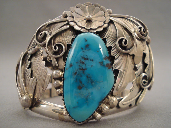 Huge Navajo 'Leaf Love' Intense Turquoise Silver Bracelet