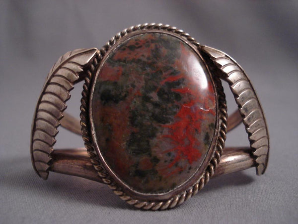 Huge Vintage Navajo Domed Petrified Wod Silver Bracelet