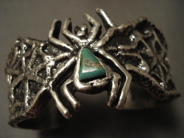 Look At That Silver Work Navajo Silver Spier Green Turquoise Spider Bracelet