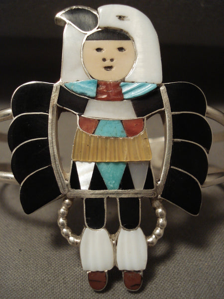 Natural Turquoise Coral Vintage Zuni Eagle Dancer Silver Bracelet