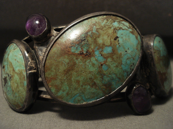 Opulent Vintage Navajo Natural Turquoise & Amethyst Silver Bracelet