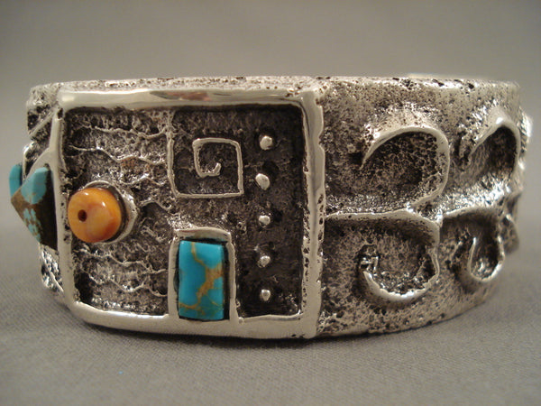 One Of The Most Unique Vintage Navajo Tufa Silver Turquoise Bracelet
