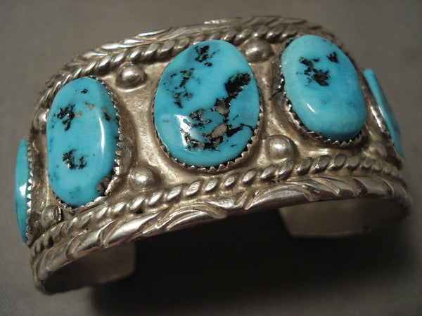 Natural Turquoise Vintage Navajo Silver Coil Bracelet Old