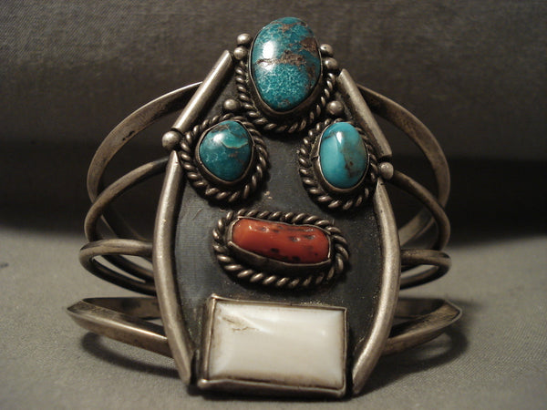 Huge Vintage Navajo Persin Turquoise Silver Coral Bracelet