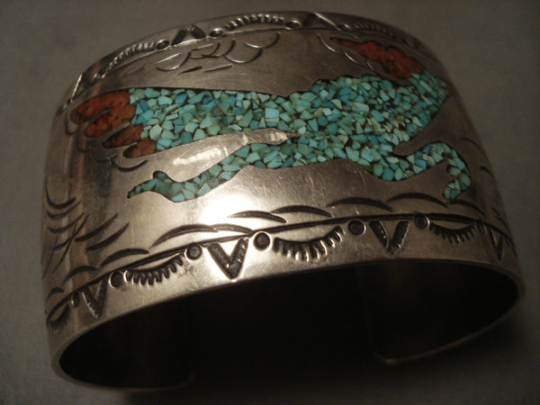 Museum Vintage Navajo 'Roadrunner' Turquoise Coral Silver Bracelet