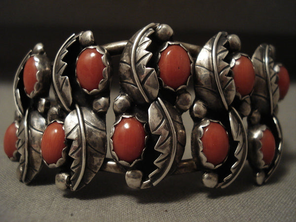 Natural Coral Leaf Galore Vintage Navajo Silver Bracelet