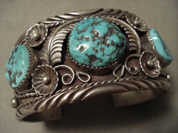 Heavily Detailed Vintage Navajo Forest Turquoise Silver Bracelet Old