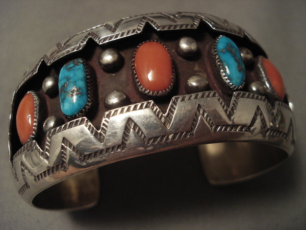 High Grade Turquoise And Coral Vintage Navajo Silver Bracelet Old