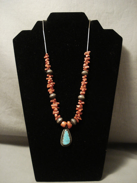 Early 1900's Vintage Navajo Coral Silver Hand Wrought Bead Necklace