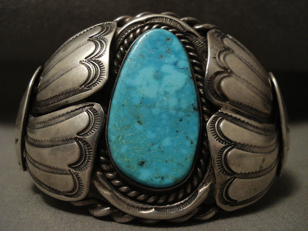 Huge Vintage Navajo Blue Carico Lake Turquoise 'Heavy Coil' Silver Bracelet Old