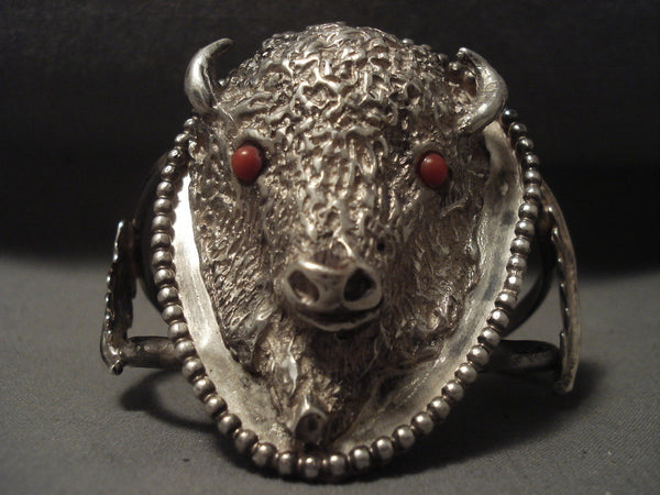 Museum Vintage Navajo 'Big Buffalo' Coral Silver Bracelet Old