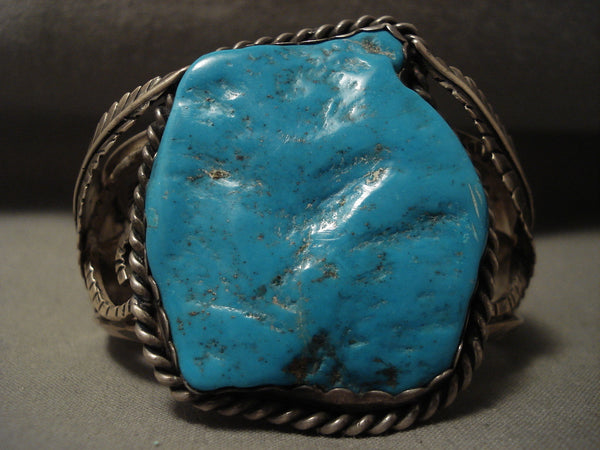Museum Bould Of Turquoise Vintage Navajo Silver Leaves Bracelet