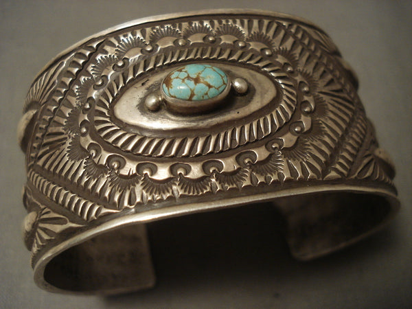 Intense And Quality Silver Work Navajo #8 Turquoise Silver Bracelet