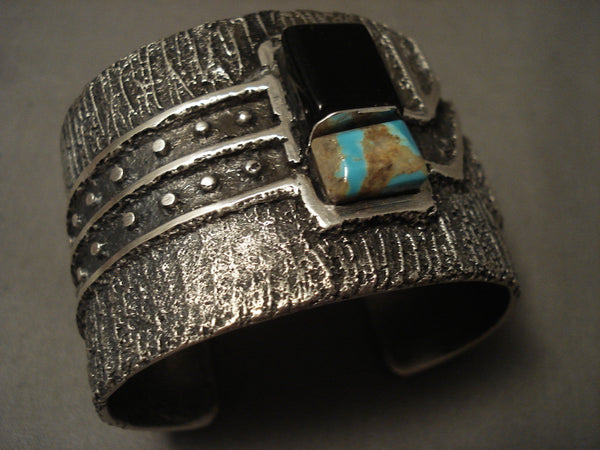 Museum Navajo #8 Turquoise Geometric Wave 123 Grams Silver Bracelet