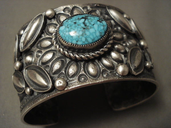 Opulent Navajo Lone Mountain Turquoise Silver Repoussed Bracelet