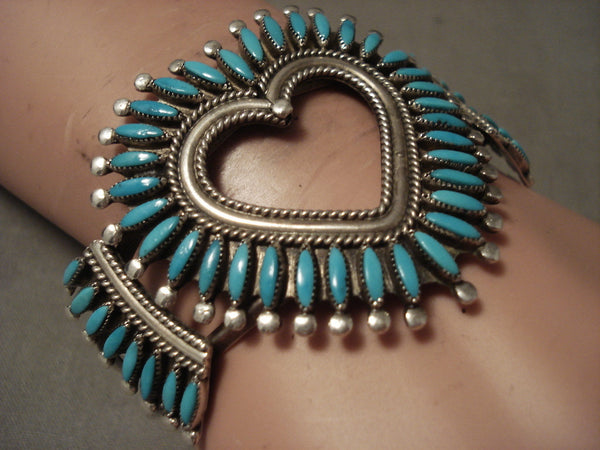 Museum Huge Vintage Zuni 'Heart Of Love' Silver Bracelet Old