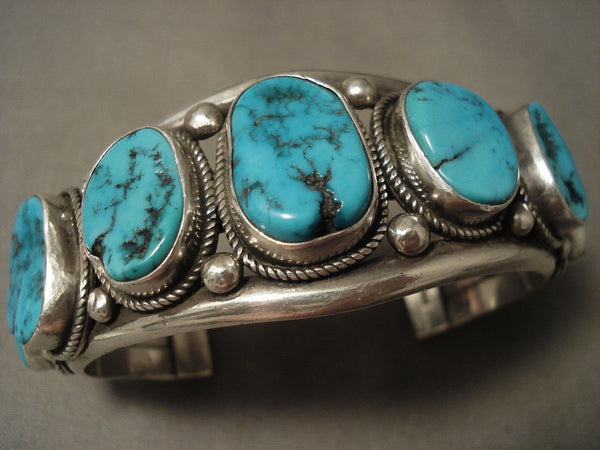 Highly Rare Vintage Navajo Lonn Parker Turquoise Row Silver Bracelet