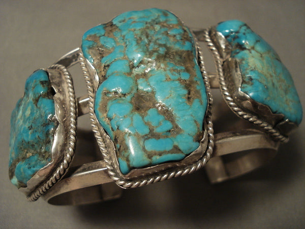Museum #8 Turquoise Nugget Form Vintage Navajo Silver Bracelet Old