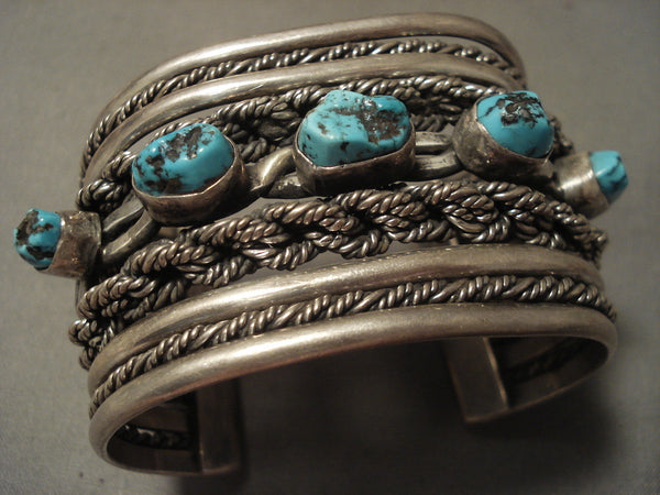 Museum Vintage Navajo 'Silver Hand Woven' Persian Turquoise Silver Bracelet