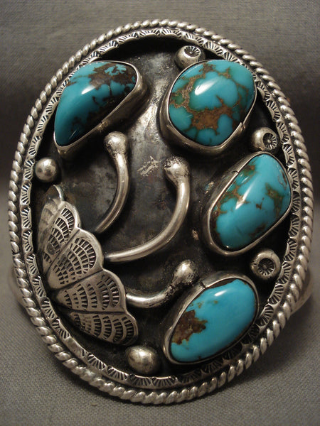 Natural And Deep Blue Gem Turquoise Vintage Navajo Silver Bracelet Old