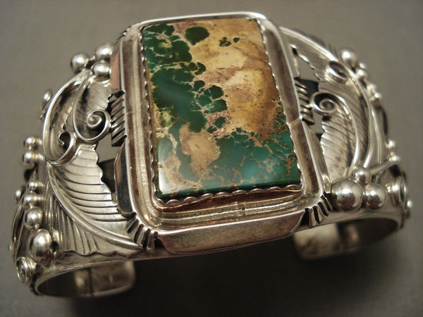Huge Squared Natural Green Turquoise Vintage Navajo Silver Leaf Bracelet