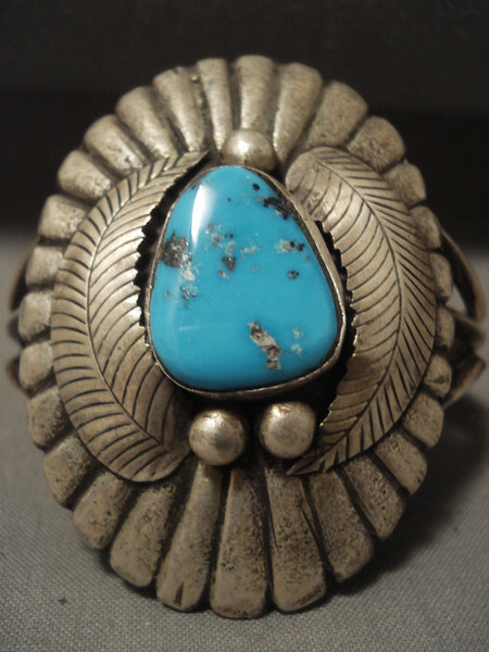 Mammoth Vintage Navajo 'Duel Technique' Persian Turquoise Silver Bracelet