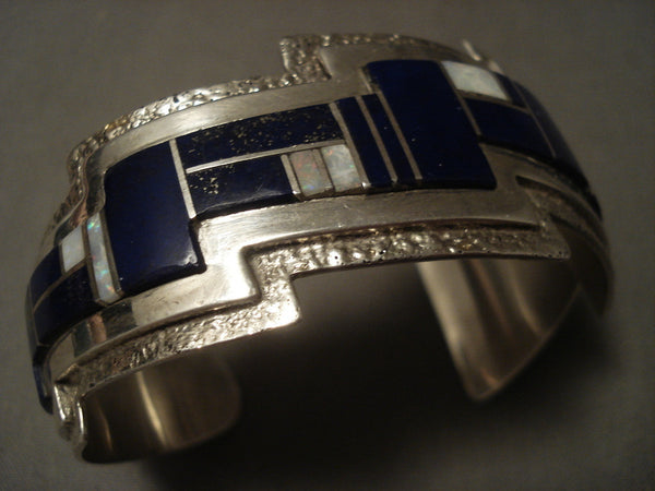 Museum Modernistic Navajo 'Lapis & Opal' Silver Lightning Bolt Bracelet