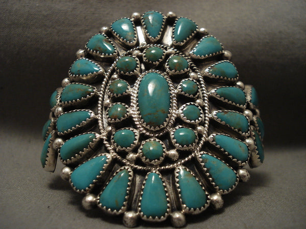 Quality Vintage Navajo Platero 'Fat Teardrop' Green Turquoise Silver Bracelet