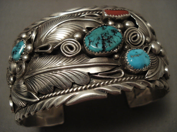 Incredibly Intricate Vintage Navajo Silver Leaf Forest Turquoise Bracelet