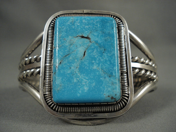 Huge Vintage Navajo 'Squared Blue Diamond Turquoise' Silver Bracelet