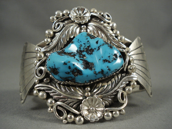 Museum Vintage Navajo 'Turquoise Pond' Silver Leaf Bracelet Old