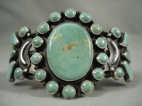 Natural Green Turquoise Sun Vintage Navajo Silver Bracelet