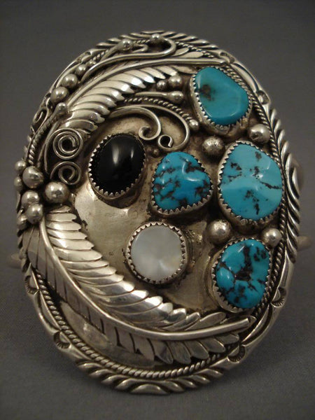 Massive Vintage Navajo/hopi Leaf Turquoise Silver Bracelet