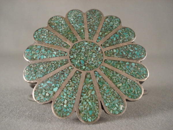 One Of The Largest Vintage Navajo Green Turquoise Inlay Silver Bracelet