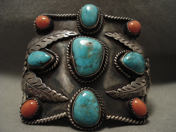 Opulent Vintage Navajo 'Pilot Mountain Cross' Coral Silver Bracelet