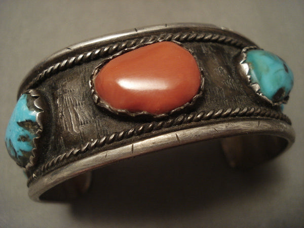 Museum Vintage Navajo 'Chunk Coral' Persin Turquoise Silver Bracelet