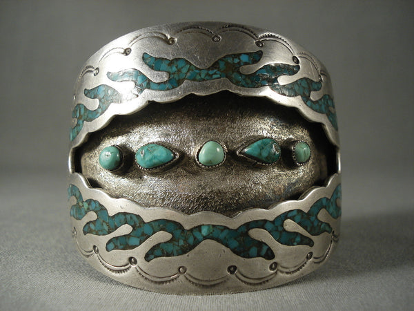 Museum Etxra Wide Vintage Navajo Green Turquoise Silver Bracelet