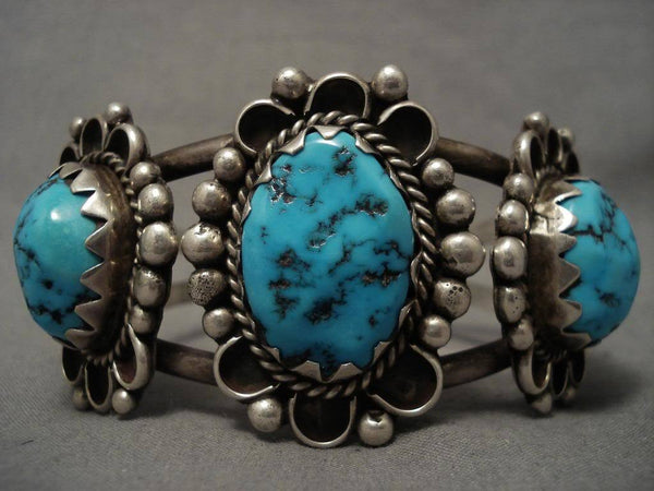 High Grade Older Vintage Navajo Domed Morenci Turquoise Silver Bracelet