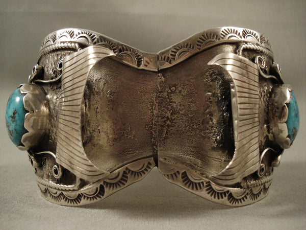 Huge Vintage Navajo Pilot Mountain Turquoise Silver Watch Bracelet