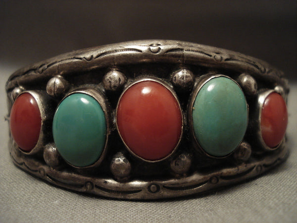 Huge Domed Chunk Vintage Navajo Hvy Turquoise Coral Silver Bracelet