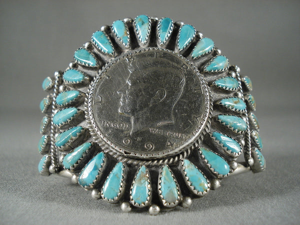Huge Vintage Navajo Silver Coin Turquoise Bracelet