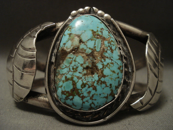 Museum Quality Huge Vintage Navajo #8 Turquoise Mirror Leaf Silver Bracelet