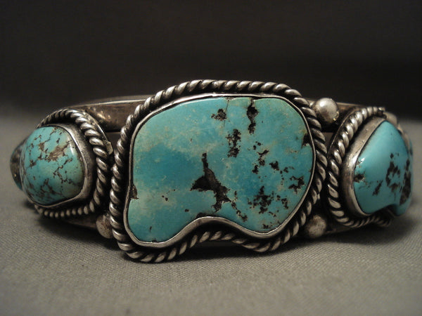 One Of The Thickest Vintage Navajo Spiderweb Turquoise Silver Bracelet-134 Grams