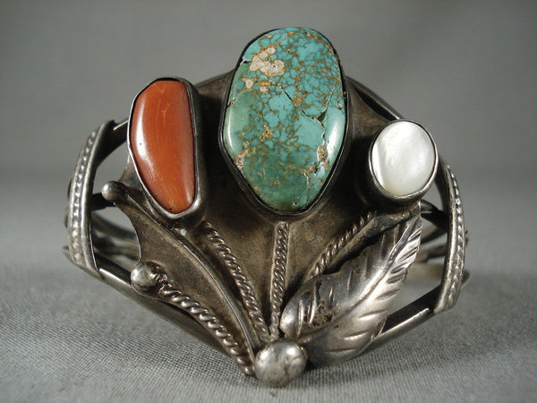 Important Vintage Zuni Natural Green Turquoise Coral Silver Bracelet